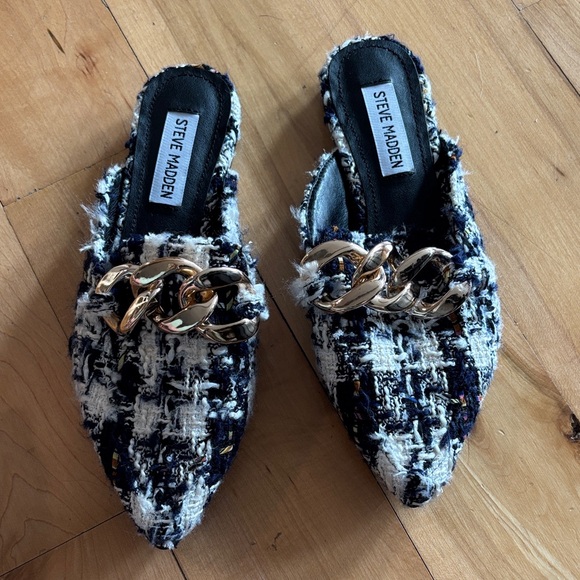 Steve Madden Shoes - Steve Madden Women's Navy and White Tweed Mules with Gold Chain